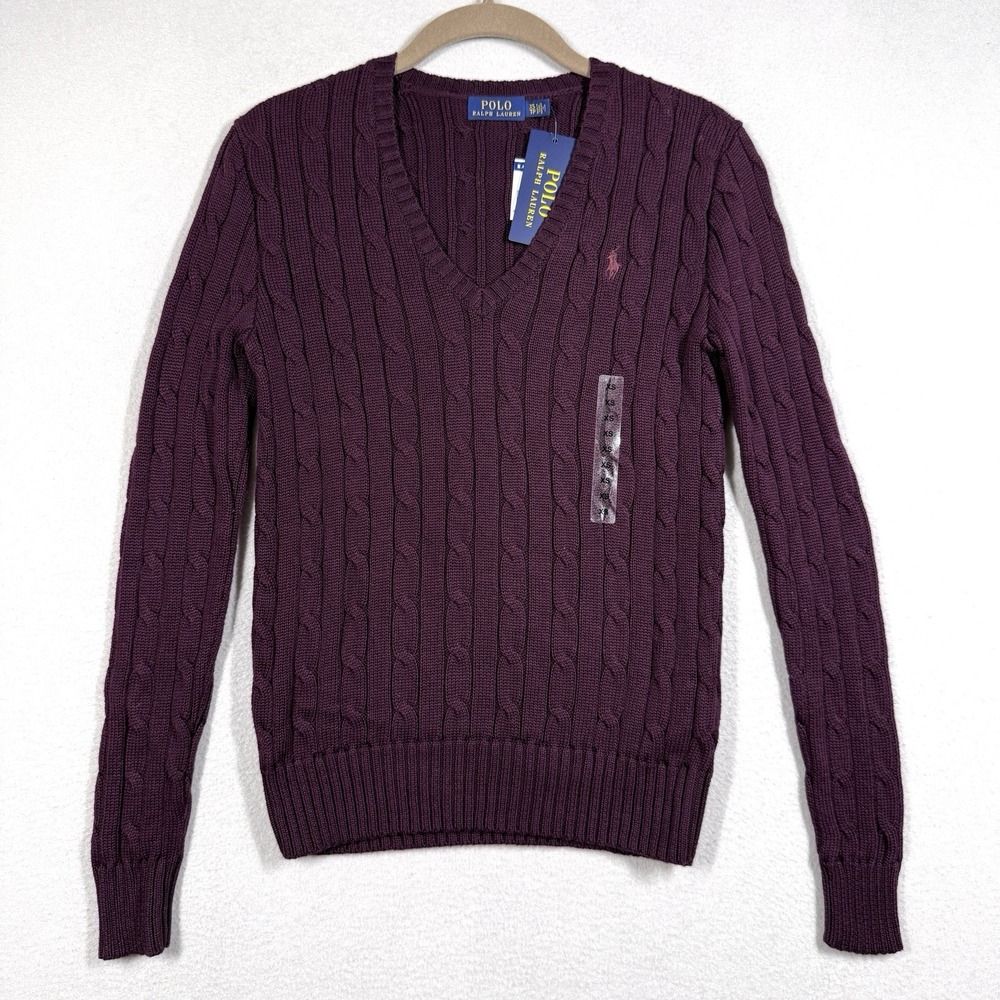 Polo Ralph Lauren Sweater Women XS Cable Knit V Neck Cotton Pony Logo Purple NWT
